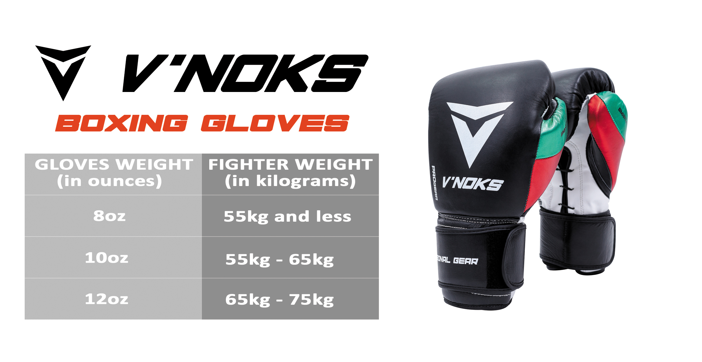 V`Noks Mex Pro Training Boxing Gloves size chart